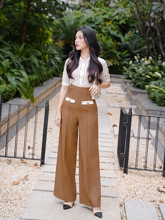 Quần culottes dài cạp liền phối 2 nắp túi